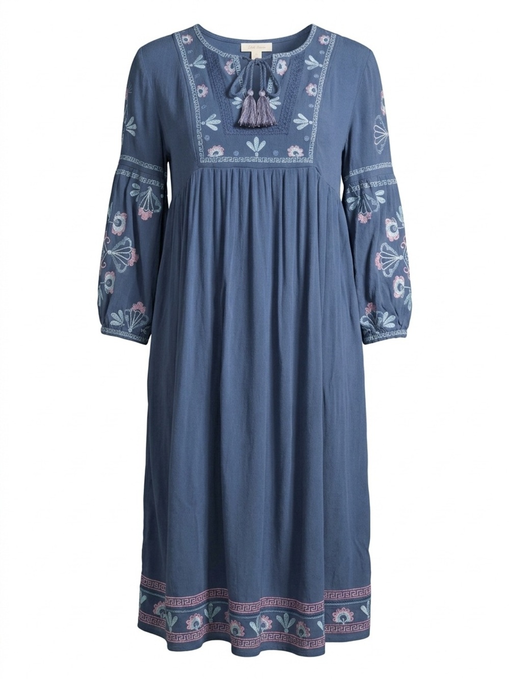 Knox Rose Blue Embroidered Long-Sleeve Boho Midi Dress